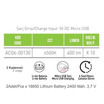 ACK AC06-00130 Şarjlı Çift Kademeli LED El Feneri