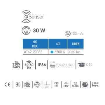 ACK AT62-23032 30 Watt Sensörlü LED Projektör - Beyaz Işık (6500K)