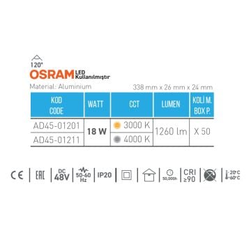 ACK AD45-01201 18 Watt 34 cm OSRAM LED Magnet Armatür - Gün Işığı (3000K)