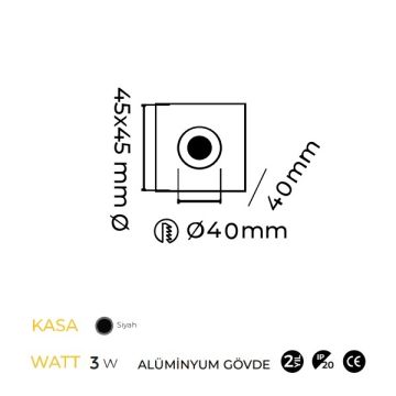 MOLLED MOL7074 2 Watt Siyah Sıva Altı Kare LED Merdiven Armatürü (Metal)