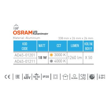 ACK AD45-01211 18 Watt 34 cm OSRAM LED Magnet Armatür - Ilık Beyaz (4000K)