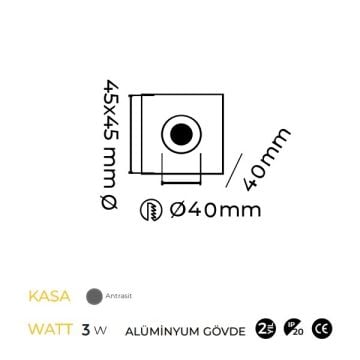 MOLLED MOL7075 2 Watt Antrasit Sıva Altı Kare LED Merdiven Armatürü (Metal)