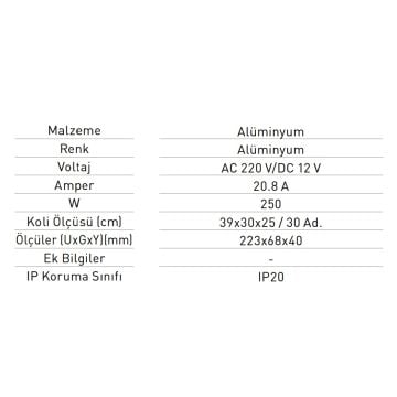 JUPITER LK250 12 Volt 20.8 Amper 250 Watt Slim LED Trafosu