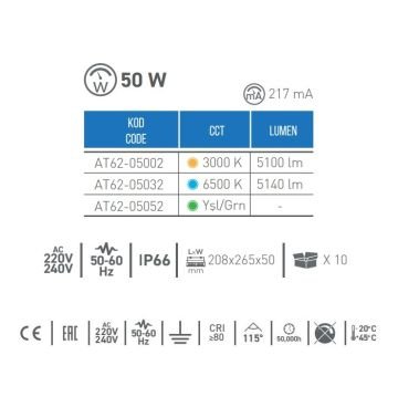 ACK AT62-05002 50 Watt LED Projektör - Gün Işığı (3000K)