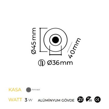 MOLLED MOL7078 2 Watt Antrasit Sıva Altı Yuvarlak LED Merdiven Armatürü (Metal)