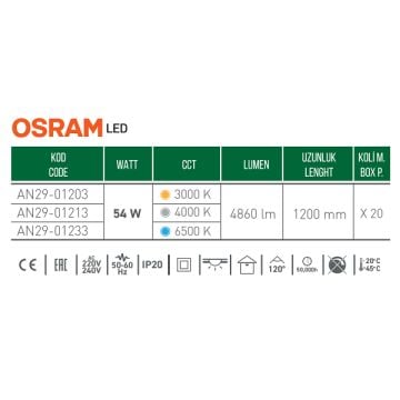 ACK AN29-01233 54 Watt 120 cm OSRAM LED Bant Armatür - Beyaz Işık (6500K)