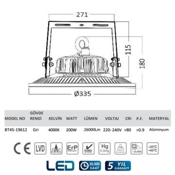 Braytron BT45-19612 200 Watt LED Yüksek Tavan Armatürü - Ilık Beyaz (4000K)
