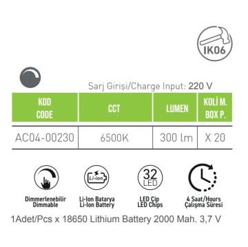 ACK AC04-00230 4 Watt Şarjlı Işıldak