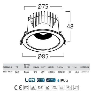 Braytron BD37-00180 10 Watt Beyaz-Siyah Sıva Altı Yuvarlak LED Spot - 3 Işık Renkli (Beyaz + Ilık Beyaz + Gün Işığı)