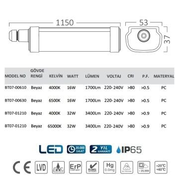 Braytron BT07-01230 32 Watt 115 cm Nemliyer LED Etanj - IP65 -Beyaz Işık (6500K)