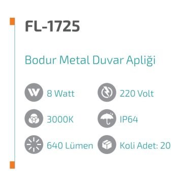 FORLIFE FL-1725 Bodur 8 Watt Siyah Dış Mekan LED Aplik - Metal - Gün Işığı (3000K)