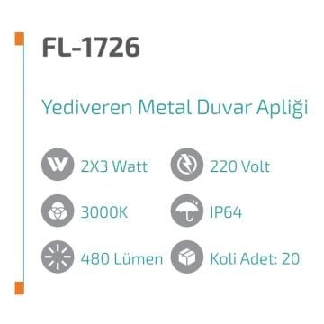 FORLIFE FL-1726 Yediveren 2x3 Watt Siyah Çift Yönlü Dış Mekan LED Aplik - Metal - Gün Işığı (3000K)