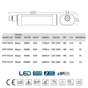 Braytron BT07-00630 16 Watt 55 cm Nemliyer LED Etanj - IP65 -Beyaz Işık (6500K)