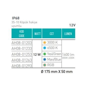 ACK AH08-01293 12 Volt 12 Watt RGB LED Havuz Armatürü