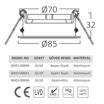Braytron BH03-00696 Siyah-Gold Sıva Altı Yuvarlak Spot Kasası (GU10 Duylu)