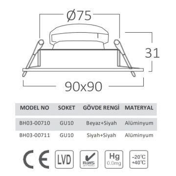 Braytron BH03-00711 Siyah Sıva Altı Kare Spot Kasası (GU10 Duylu)