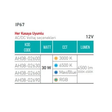 ACK AH08-02690 12 Volt 30 Watt RGB LED Havuz Ampulü