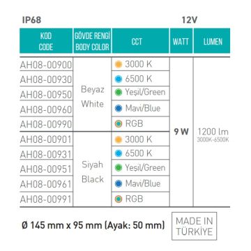ACK AH08-00901 12 Volt 9 Watt Siyah Kasa LED Havuz Armatürü - Gün Işığı (3000K)