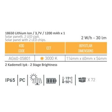 ACK AG60-05801 2 Watt Tek Yönlü Solar Aplik - Gün Işığı (3000K)