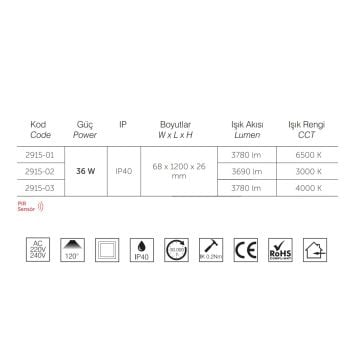 inoled 2915-03 36 Watt 120 cm Sensörlü LED Bant Armatür - Ilık Beyaz (4000K)