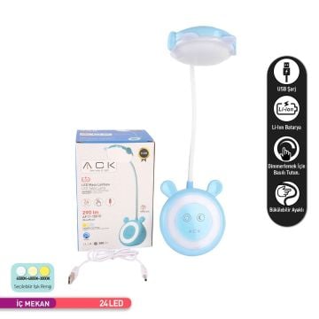 ACK AF11-10010 Dimli ve Dokunmatik Şarjlı LED Masa Lambası - Mavi - 3 Işık Renkli (Beyaz + Ilık Beyaz + Gün Işığı)