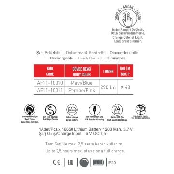 ACK AF11-10010 Dimli ve Dokunmatik Şarjlı LED Masa Lambası - Mavi - 3 Işık Renkli (Beyaz + Ilık Beyaz + Gün Işığı)