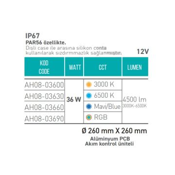 ACK AH08-03690 12 Volt 36 Watt LED Havuz Ampulü