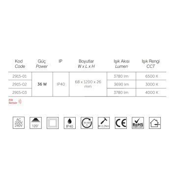 inoled 2915-02 36 Watt 120 cm Sensörlü LED Bant Armatür - Gün Işığı (3000K)