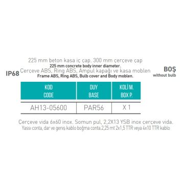 ACK AH13-05600 Sıva Altı Havuz Armatürü