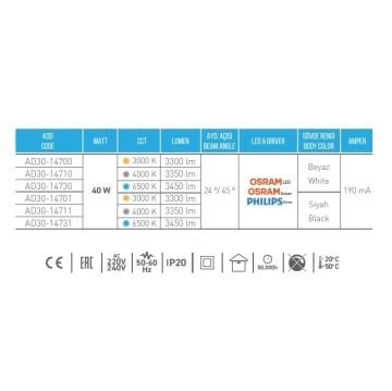 ACK AD30-14731 40 Watt Siyah Kasa LED Ray Spot - OSRAM LED & OSRAM/PHILIPS Driver - Beyaz Işık (6500K)