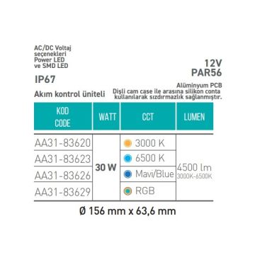 ACK AA31-83626 12 Volt 30 Watt Havuz Ampulü - Mavi Işık