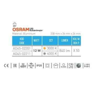 ACK AD45-02201 12 Watt 23 cm Lensli OSRAM LED Magnet Armatür - Gün Işığı (3000K)