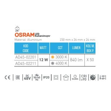 ACK AD45-02211 12 Watt 23 cm Lensli OSRAM LED Magnet Armatür - Ilık Beyaz (4000K)