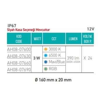 ACK AH08-07660 12 Volt 3 Watt Beyaz/Siyah Kasa LED Bahçe Armatürü - IP67 - Mavi Işık