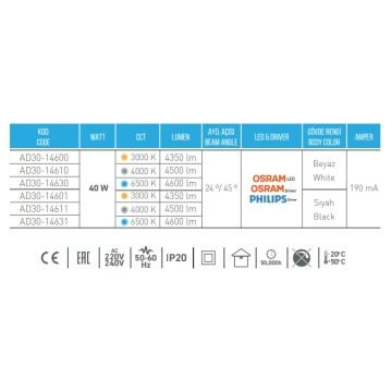 ACK AD30-14631 40 Watt Siyah Kasa LED Ray Spot - OSRAM LED & OSRAM/PHILIPS Driver - Beyaz Işık (6500K)