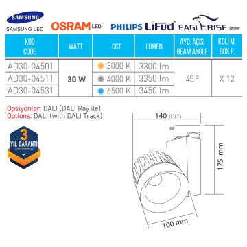 ACK AD30-04511 30 Watt Siyah Kasa LED Ray Spot - OSRAM LED & OSRAM/PHILIPS Driver - Ilık Beyaz (4000K)