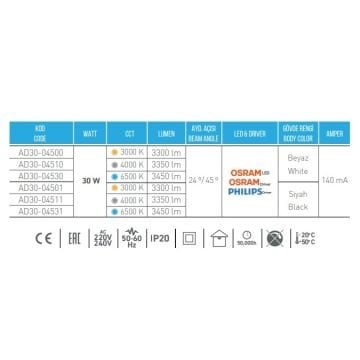 ACK AD30-04511 30 Watt Siyah Kasa LED Ray Spot - OSRAM LED & OSRAM/PHILIPS Driver - Ilık Beyaz (4000K)