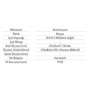 JUPITER JC059 B Beyaz Sıva Üstü Hareketli Spot Kasası - GU10 Duylu - Metal