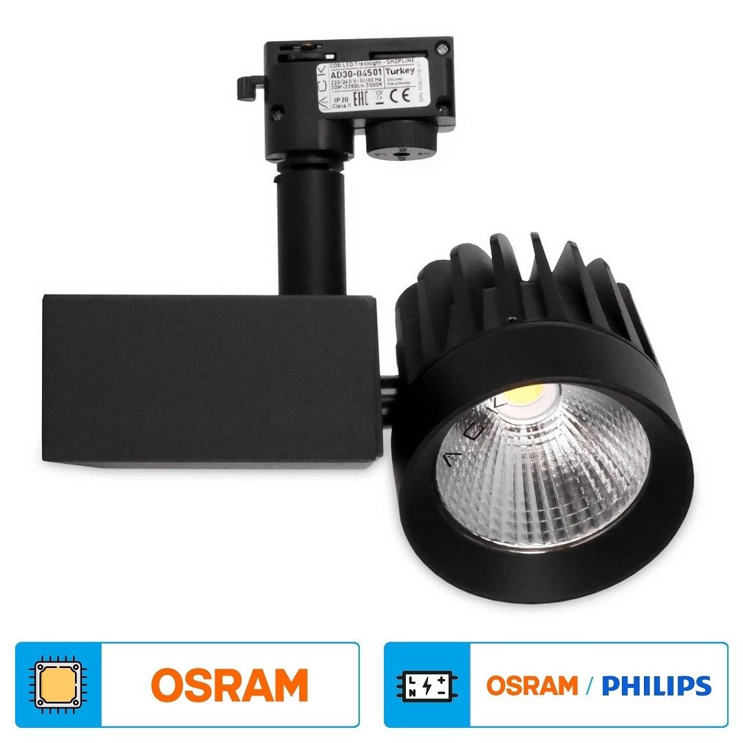 ACK AD30-04501 30 Watt Siyah Kasa LED Ray Spot - OSRAM LED & OSRAM/PHILIPS Driver - Gün Işığı (3000K)