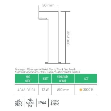 ACK AG43-08101 Aura 12 Watt 80 cm LED Bollard Armatür - Gün Işığı (3000K) - Metal Gövde