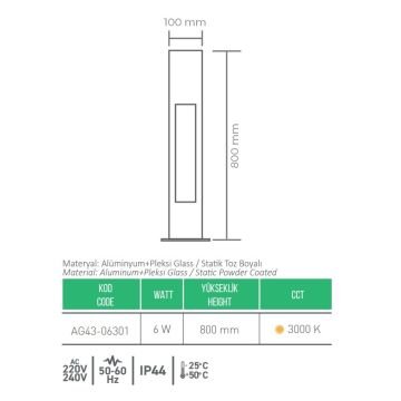 ACK AG43-06301 Bella 6 Watt 80 cm LED Bollard Armatür - Gün Işığı (3000K) - Metal Gövde