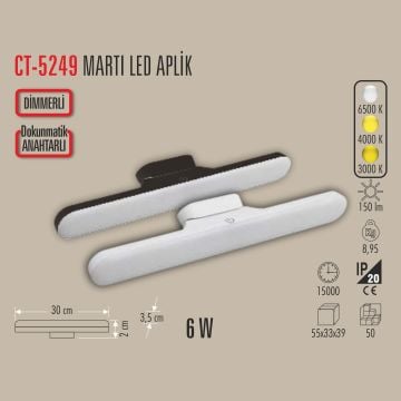 CATA CT-5249 Dimli ve Dokunmatik, Şarjlı LED Dolap-Kabin Aydınlatması - 3 Işık Renkli (Beyaz + Ilık Beyaz + Gün Işığı)