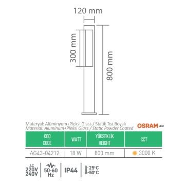 ACK AG43-04212 Regulus 18 Watt 80 cm LED Bollard Armatür - Gün Işığı (3000K) - Metal Gövde