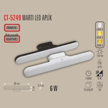 CATA CT-5249-Siyah Dimli ve Dokunmatik, Şarjlı LED Dolap-Kabin Aydınlatması - 3 Işık Renkli (Beyaz + Ilık Beyaz + Gün Işığı)