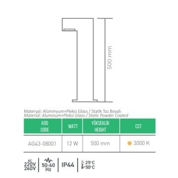 ACK AG43-08001 Aura 12 Watt 50 cm LED Bollard Armatür - Gün Işığı (3000K) - Metal Gövde