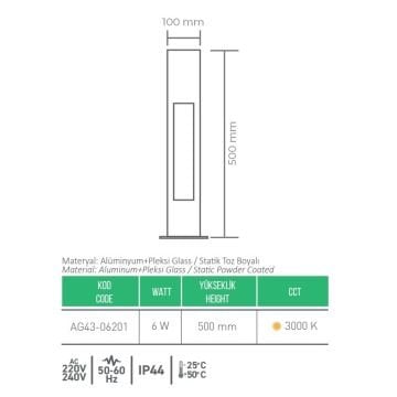 ACK AG43-06201 Bella 6 Watt 50 cm LED Bollard Armatür - Gün Işığı (3000K) - Metal Gövde