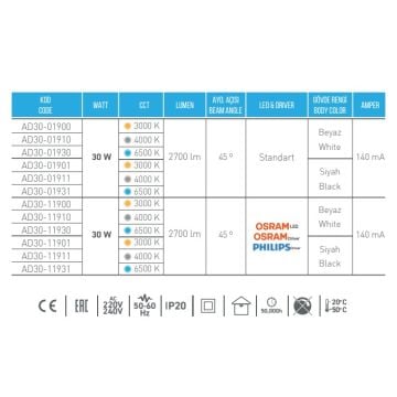 ACK AD30-11900 30 Watt Beyaz Kasa LED Ray Spot - OSRAM LED & OSRAM/PHILIPS Driver - Gün Işığı (3000K)