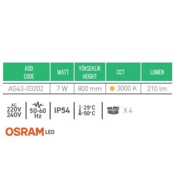 ACK AG43-03202 Teras 7 Watt 80 cm LED Bollard Armatür - OSRAM LED - Gün Işığı (3000K) - Metal Gövde