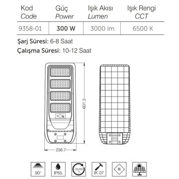 inoled 9358-01 300 Watt Sensörlü Solar Sokak Armatürü - Beyaz Işık (6500K)