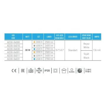 ACK AD30-04031 30 Watt Siyah Kasa LED Ray Spot - OSRAM LED & OSRAM/PHILIPS Driver - Beyaz Işık (6500K)